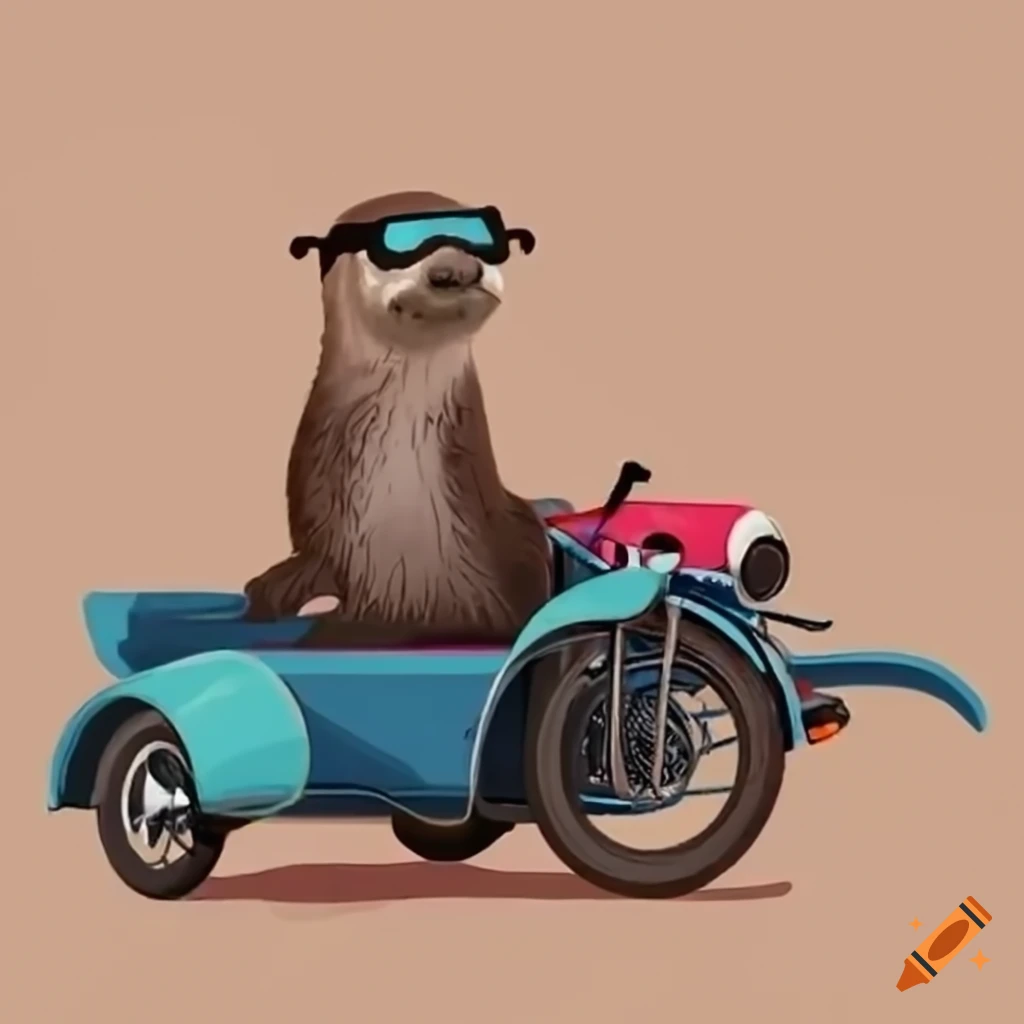 Otter wearing goggles riding in a sidecar