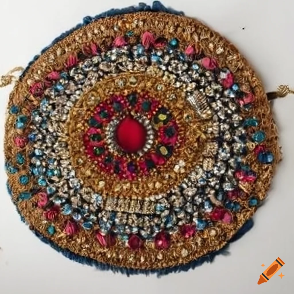 Tunisian wool round wall decor with rhinestones and fringes