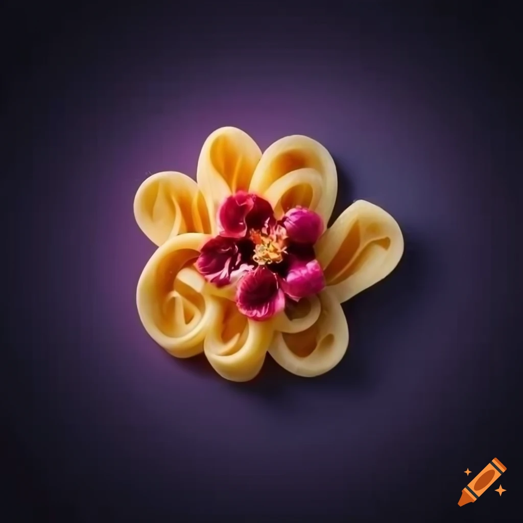 Colorful fancy flower pasta with sauce design on a dark background