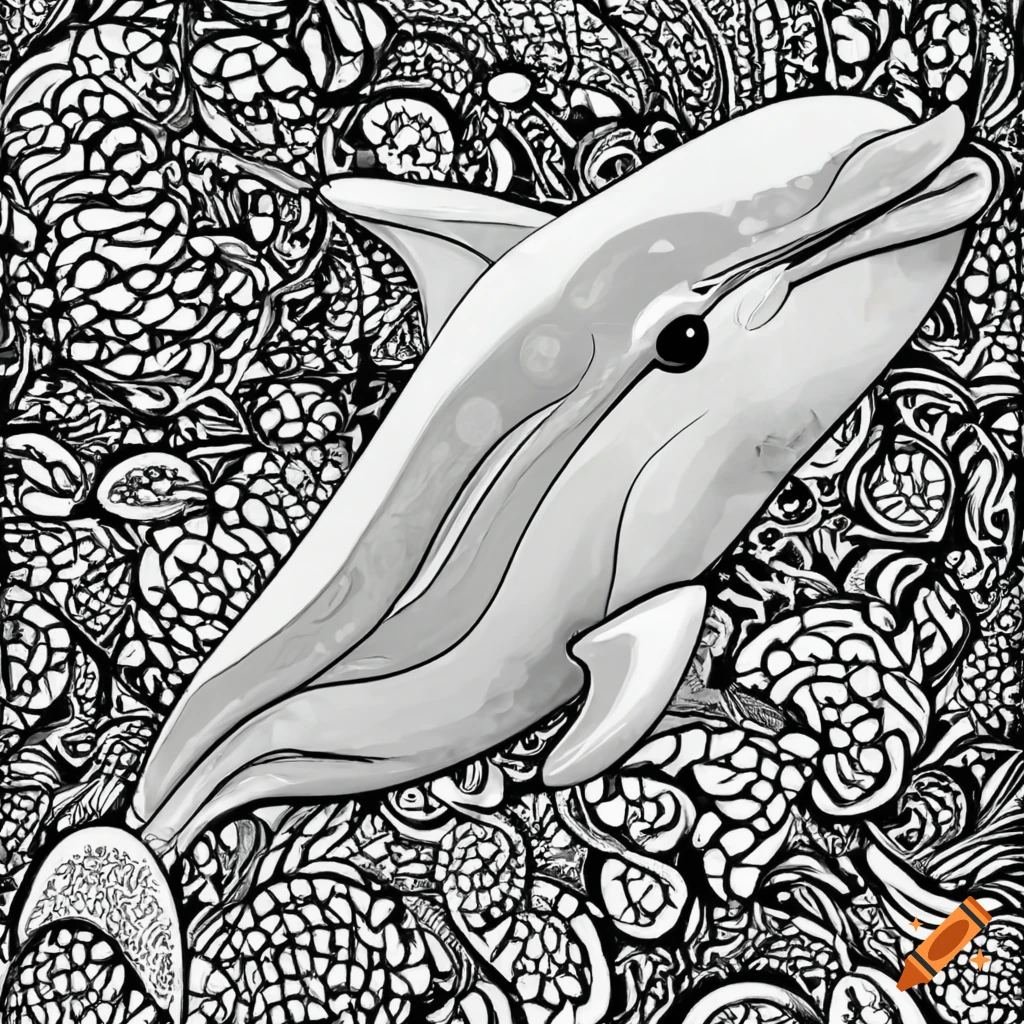 Black and white colouring page of a dolphin in coral