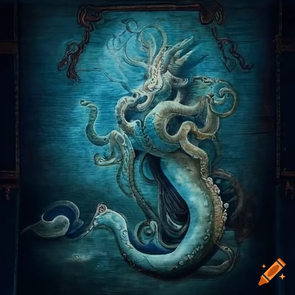 Ancient Chinese tapestry with the Kraken in calming blue hues on Craiyon