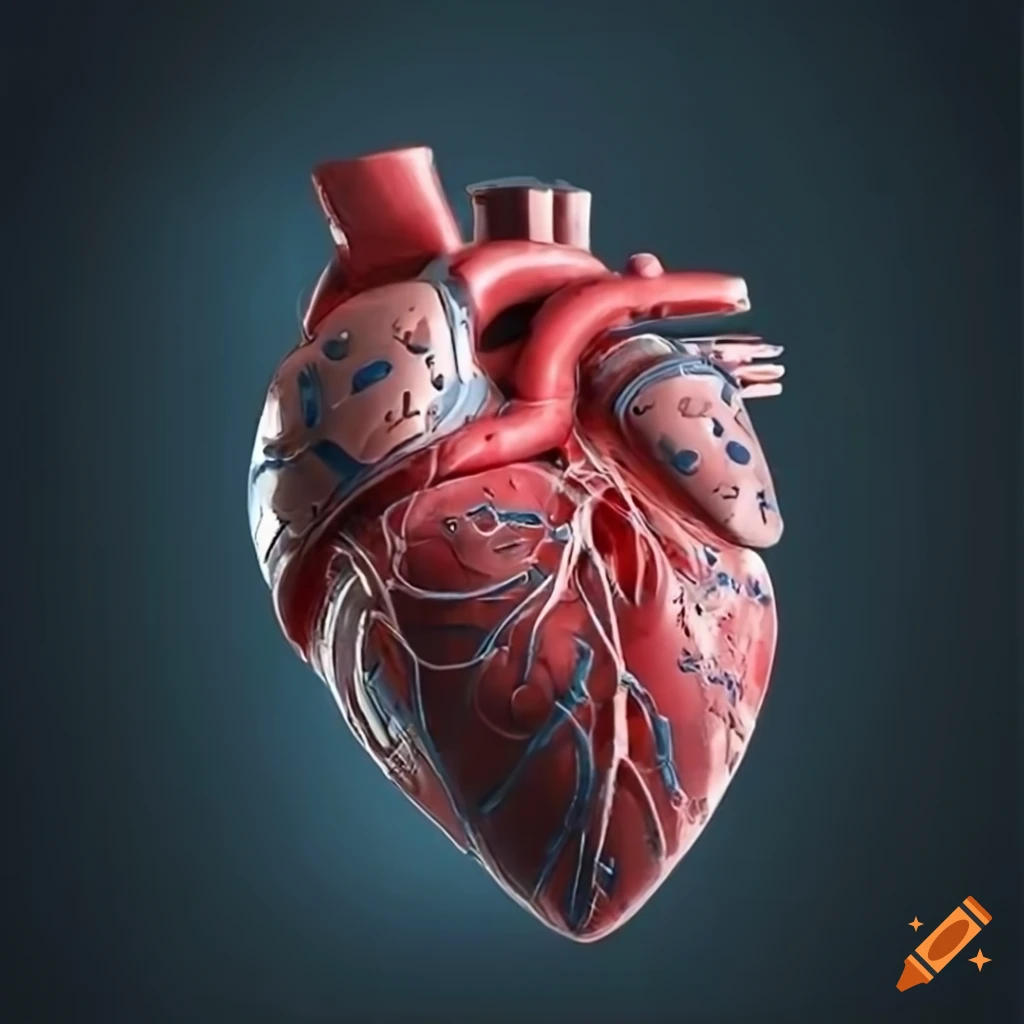 Hand holding realistic heart cyborg in afterlife