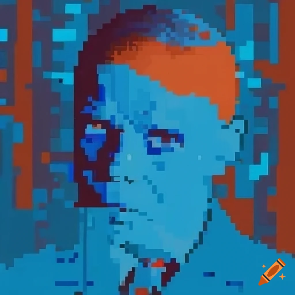Pixel art with dithering in solarized orange and blue inspired by Fantomas movie