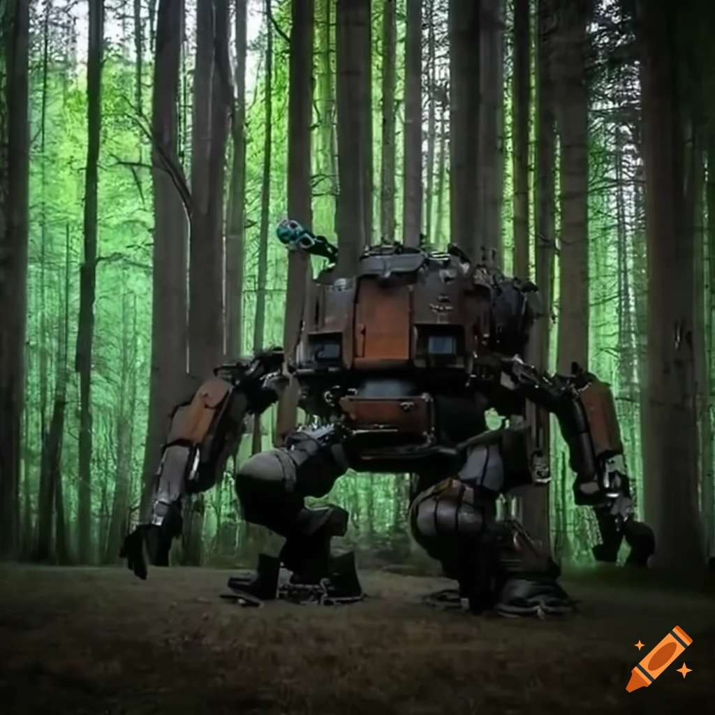 Steam punk mech in a meadow facing a forest