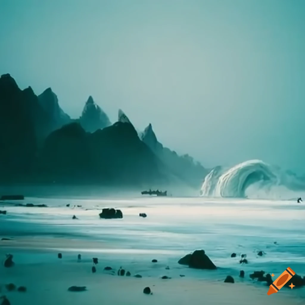 Beach with tsunami approaching as people run in terror