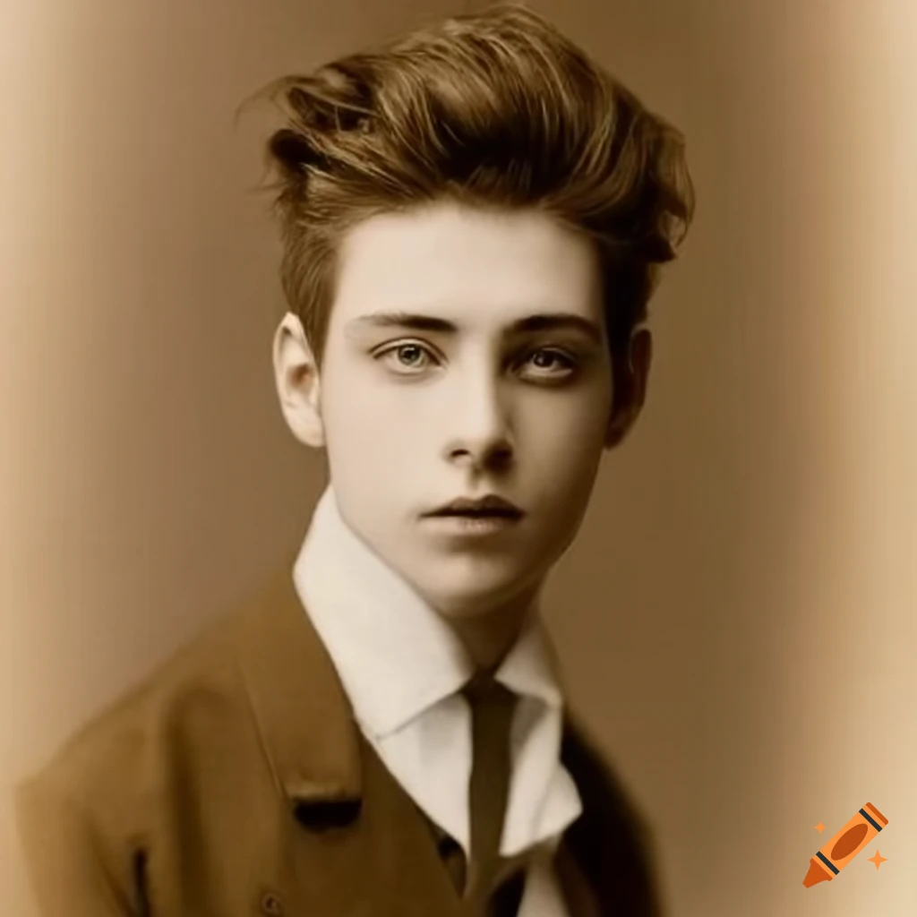 Portrait of a young man in a light brown wavy hair 1900s fashion coat ...
