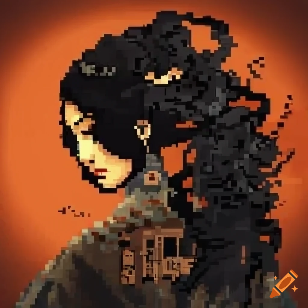 Pixel art with dithering in Traditional Chinese ink painting style
