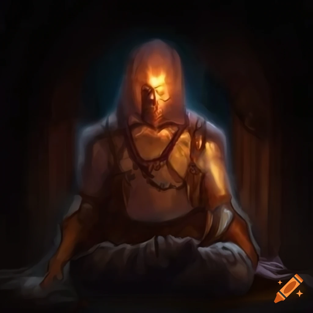 Aasimar Monk meditating in underground temple wearing full armor