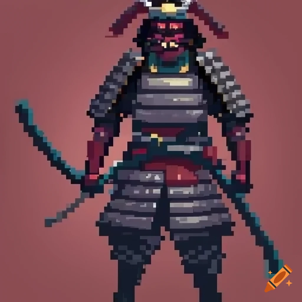 Pixel art of a samurai featuring dithering technique on Craiyon
