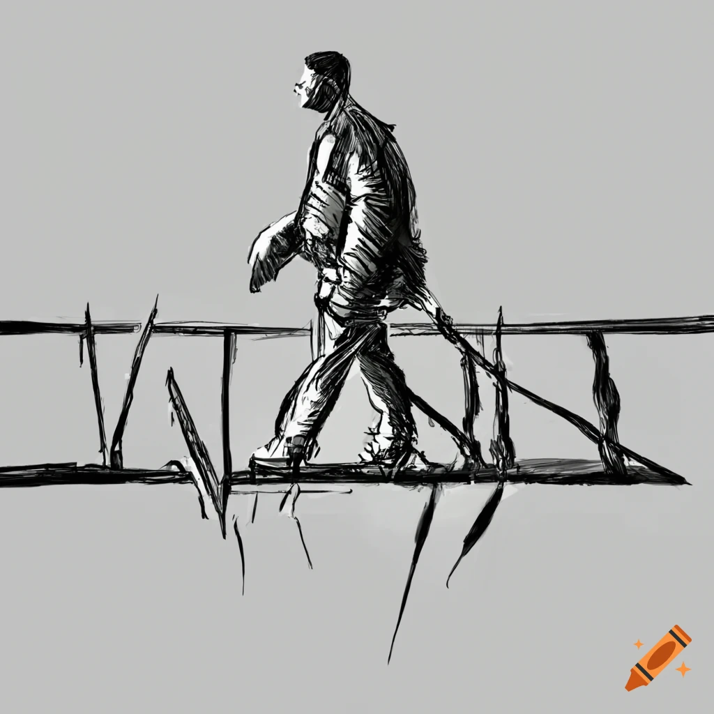 Man walking on a collapsing wooden bridge in a pencil sketch