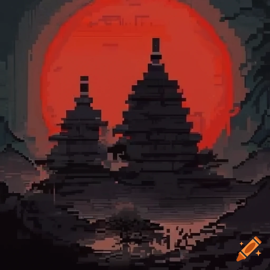 Pixel art with dithering influenced by Traditional Chinese ink painting