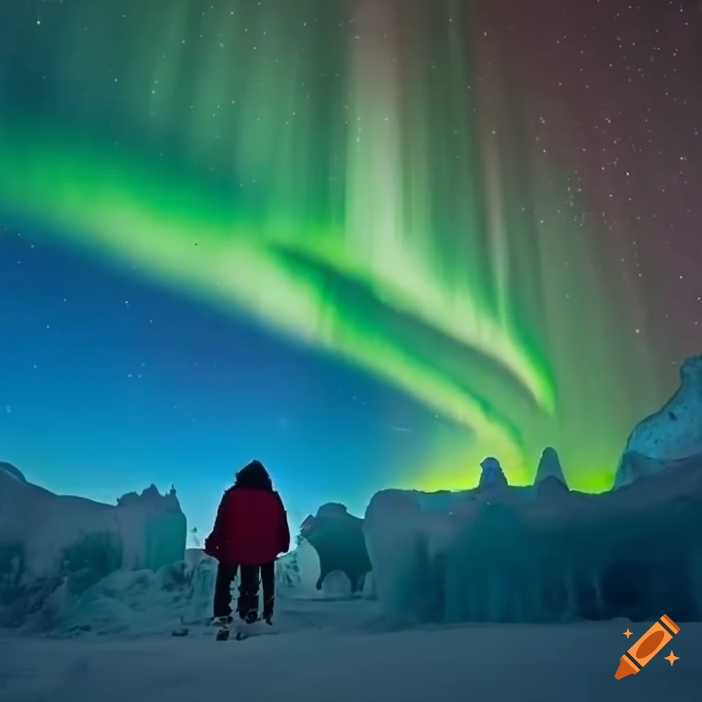 Enchanting Ice Kingdom with majestic ice castles and aurora-lit sky