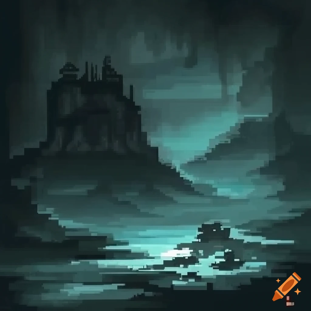 Pixel art of a traditional Chinese ink painting with dithering