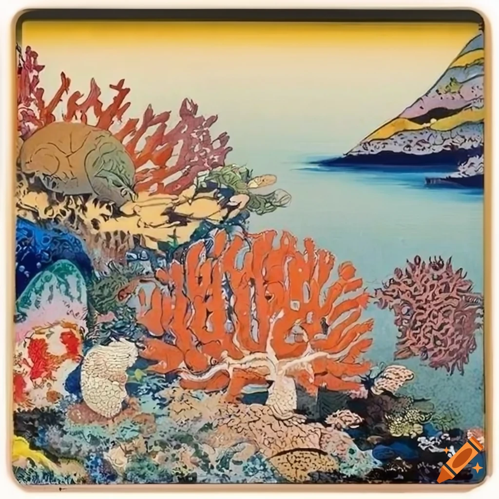 Ukiyo-e painting of a vibrant coral reef with colorful marine life