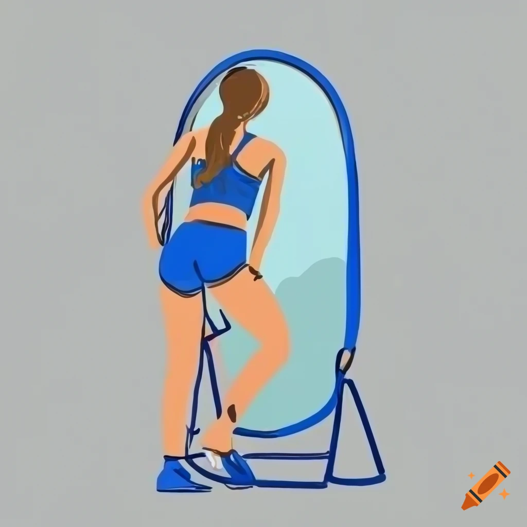 Female in athletic clothes looking in a mirror with blue undertones in a line drawing