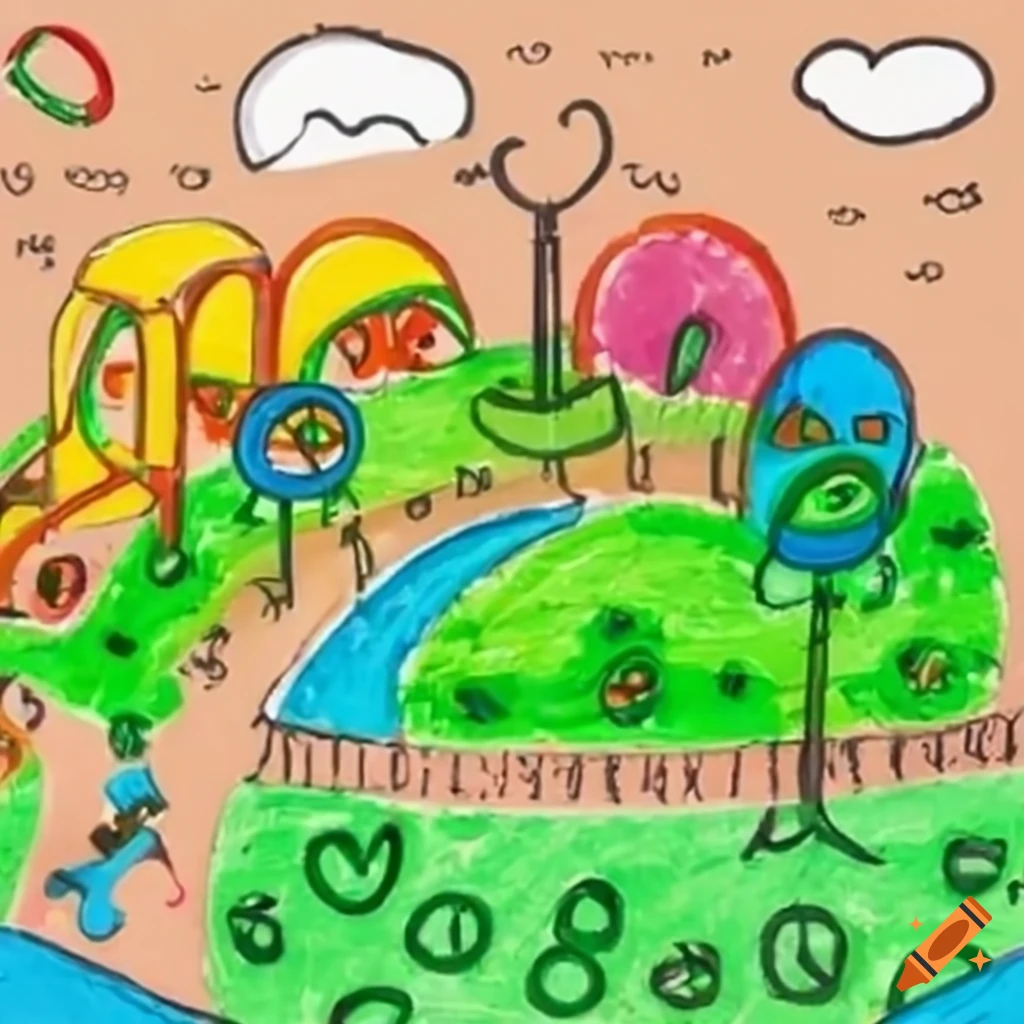 Summer scene with kids playing in colorful playground surrounded by grass and green hills