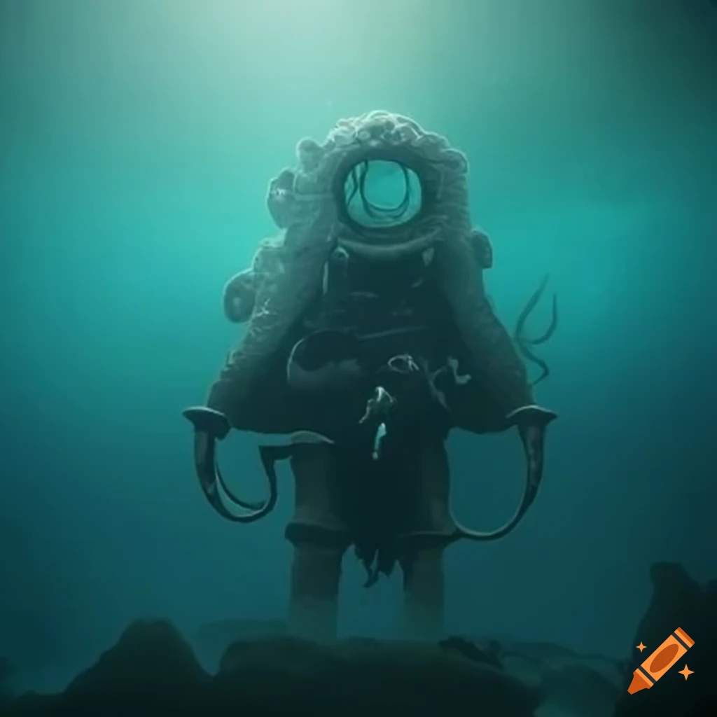 Deep-sea diver exploring a mysterious underwater grotto in a suspenseful setting