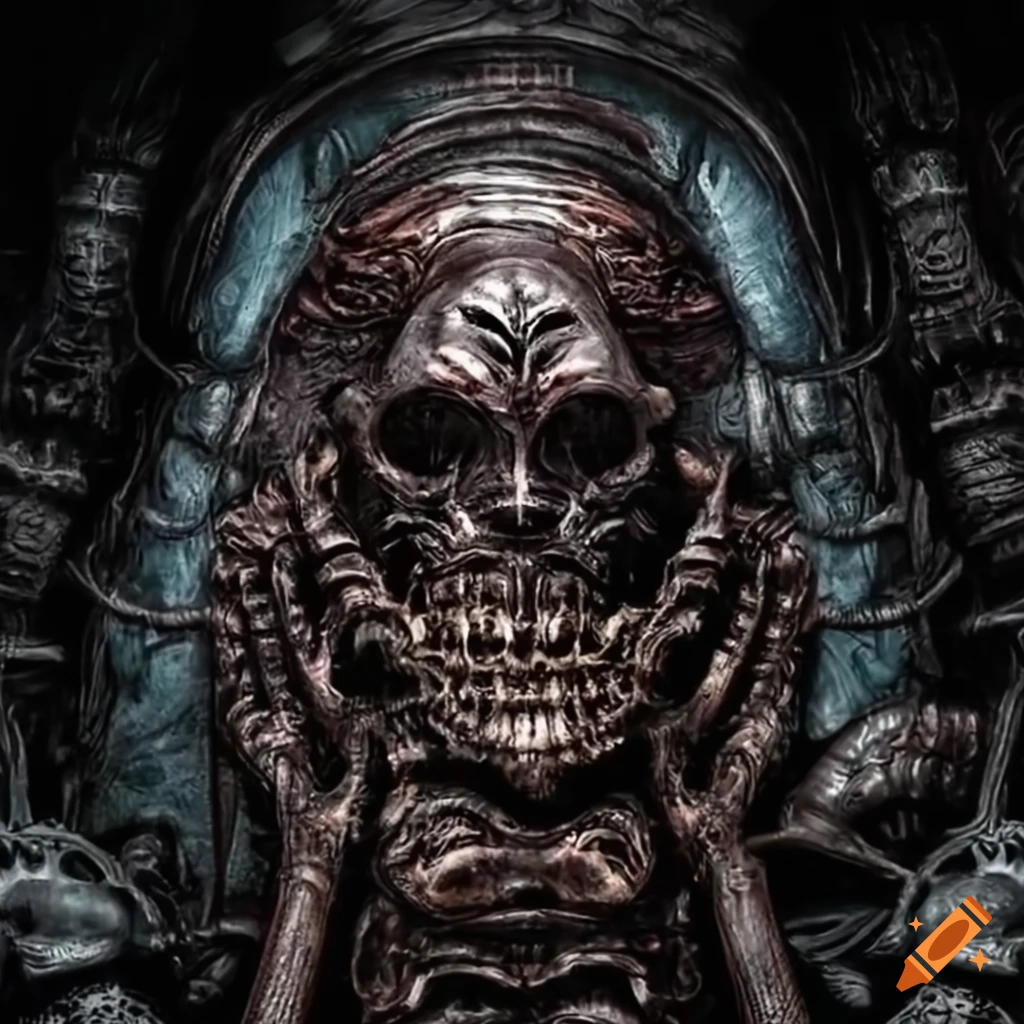 Metal band performance on a stage with a HR Giger style