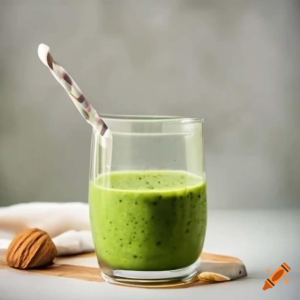 Homemade green smoothie with matcha tea, almond milk, banana, honey