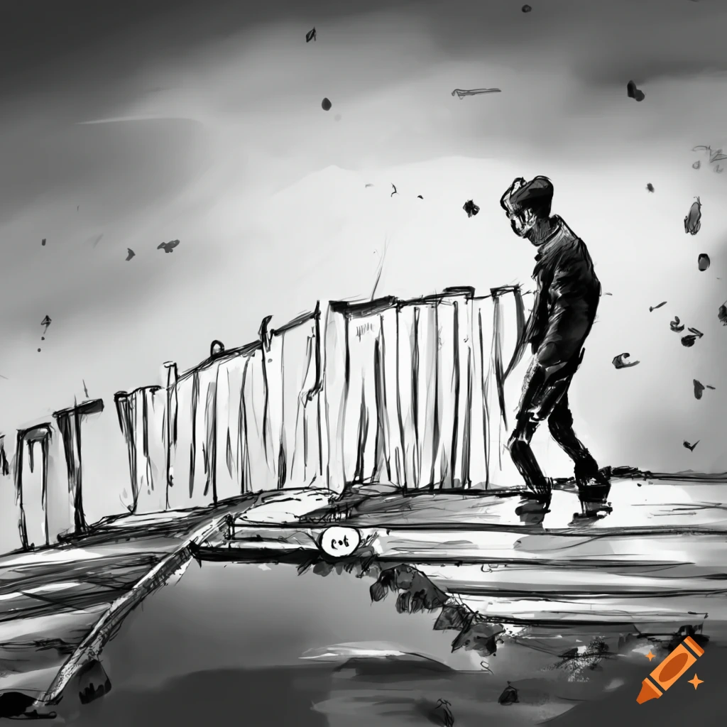 Sketch of a man walking on a collapsing wooden bridge