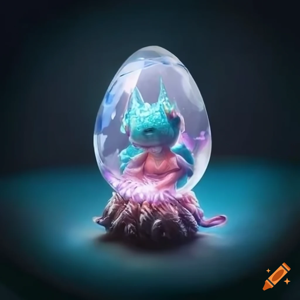 Cute baby dragon in a crystal egg in a fantastical setting