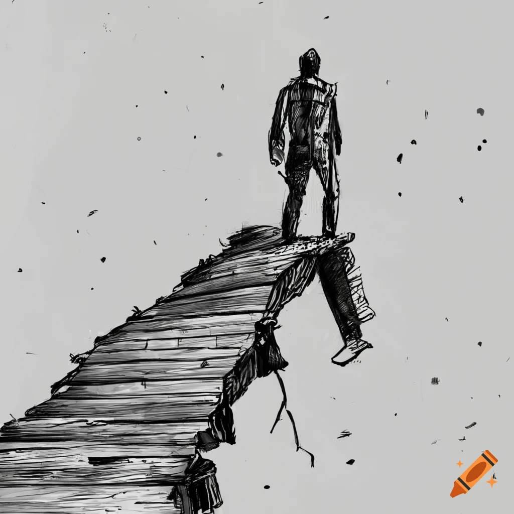Man walking on a collapsing wooden bridge in a pencil sketch