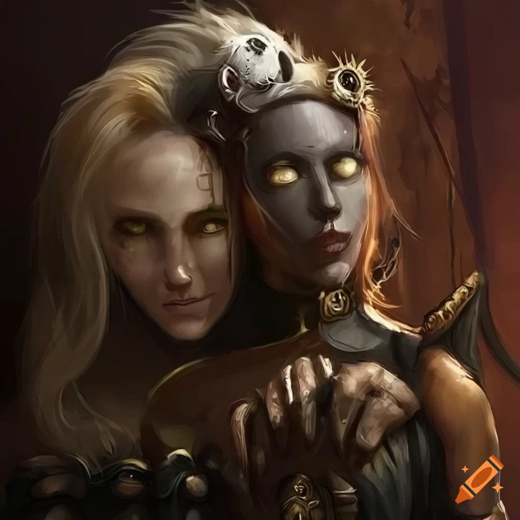 Giant browsing a steampunk market with two faces in a fantasy art style