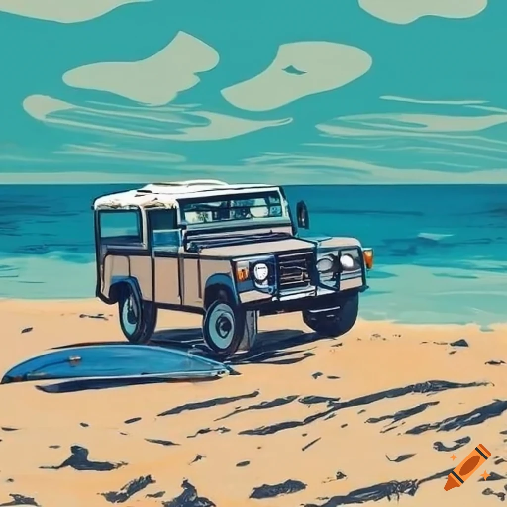 Vintage land rover defender 90 with a surfboard on nantucket beach near