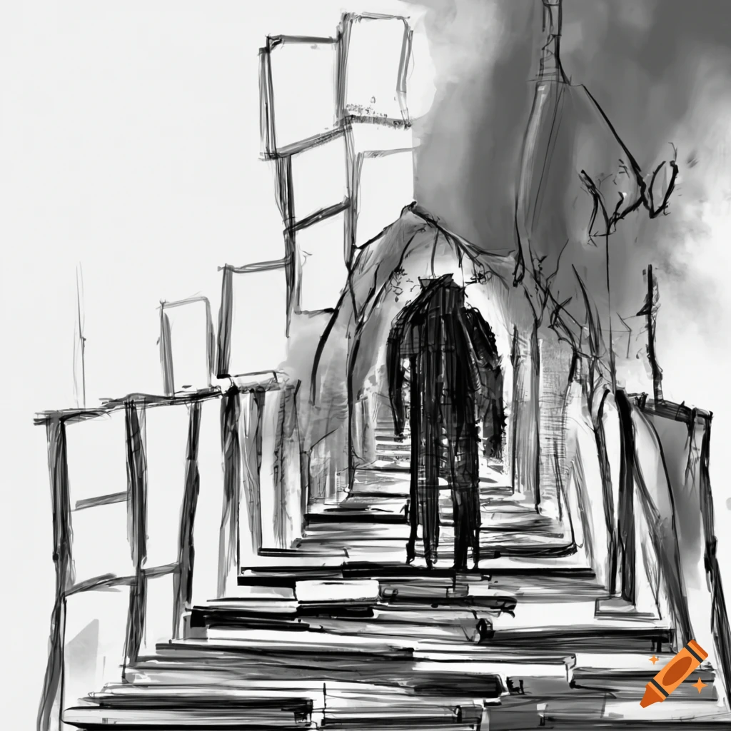Sketch of a man walking on a collapsing wooden bridge