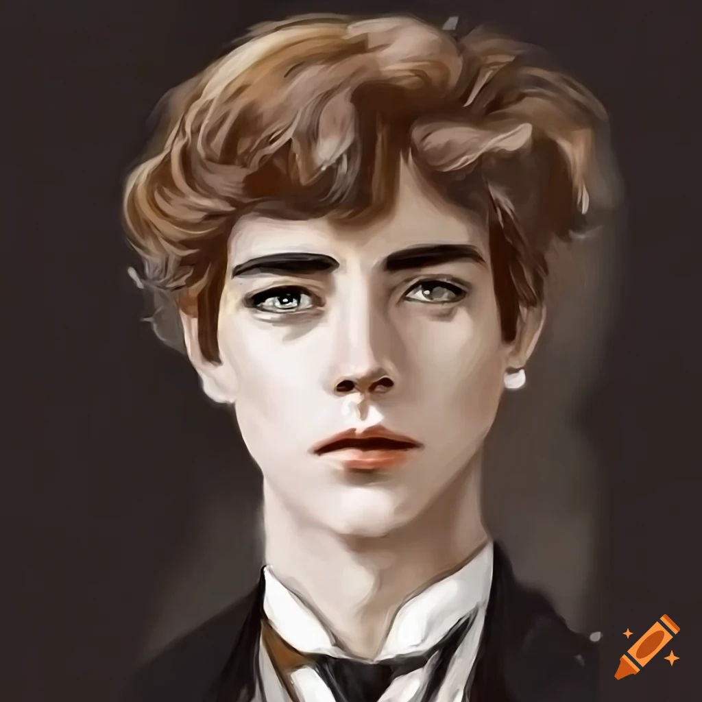 Portrait of a young man in light brown wavy hair and 1900s fashion coat ...