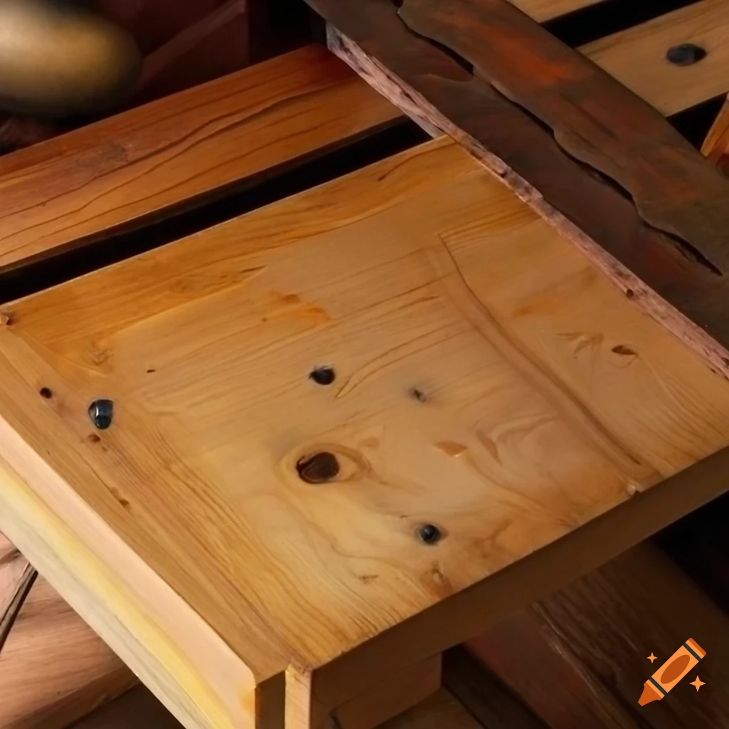 Bird's-eye view of a carpenter's workbench with worn light-colored pine wood surface