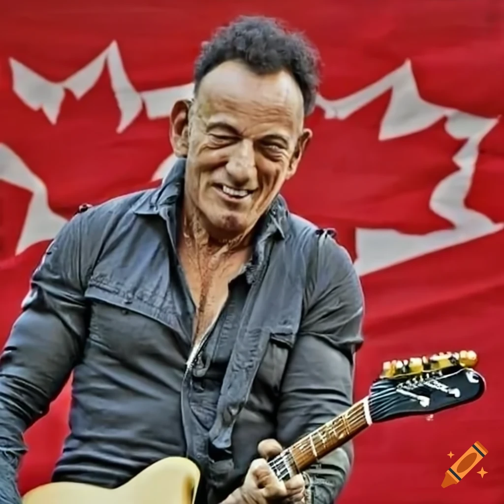 Bruce Springsteen with guitar in front of Canadian flag