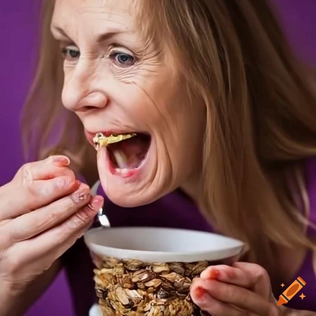 Woman enjoying muesli breakfast in a purple room on Craiyon