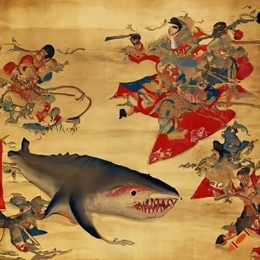 Ancient Chinese tapestry with a shark swimming among clouds as warriors fight it with crossbows and spears