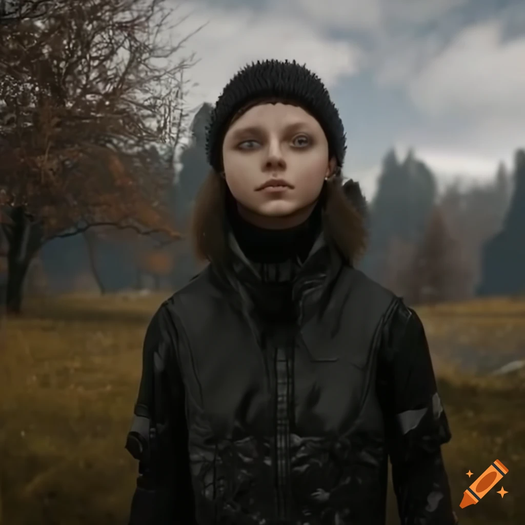 Portrait of Thomasin McKenzie as a sci-fi girl in a winter setting at a sci-fi restaurant