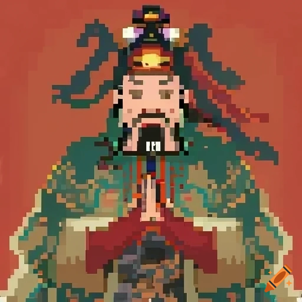Pixel art of the Jade Emperor inspired by traditional Chinese ink painting
