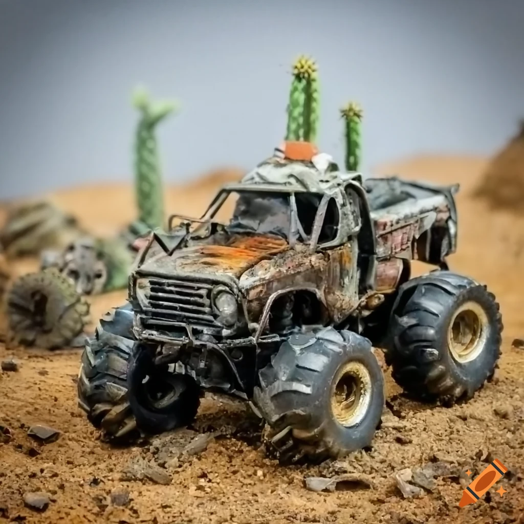 Miniature post apocalyptic monster truck among cacti in a diorama