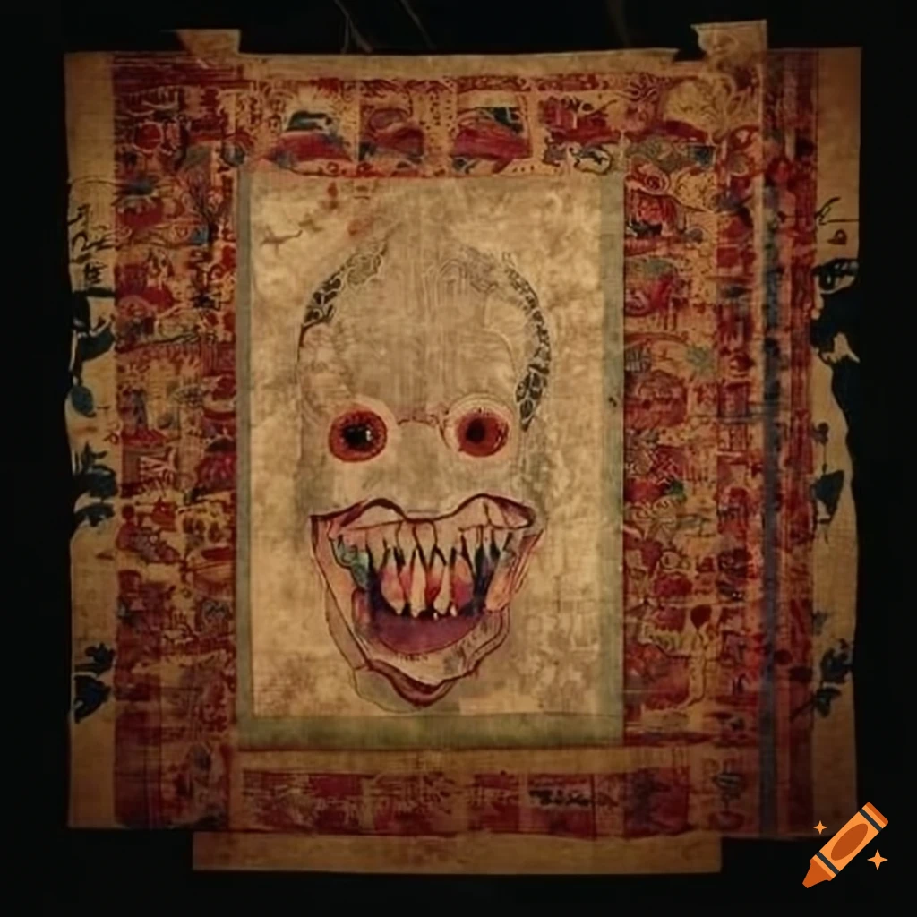 Ancient Chinese tapestry depicting a monstrous shark in the clouds
