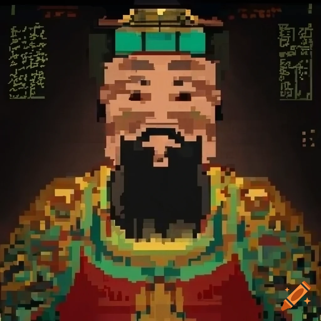 Pixel art of the Jade Emperor inspired by traditional Chinese ink painting