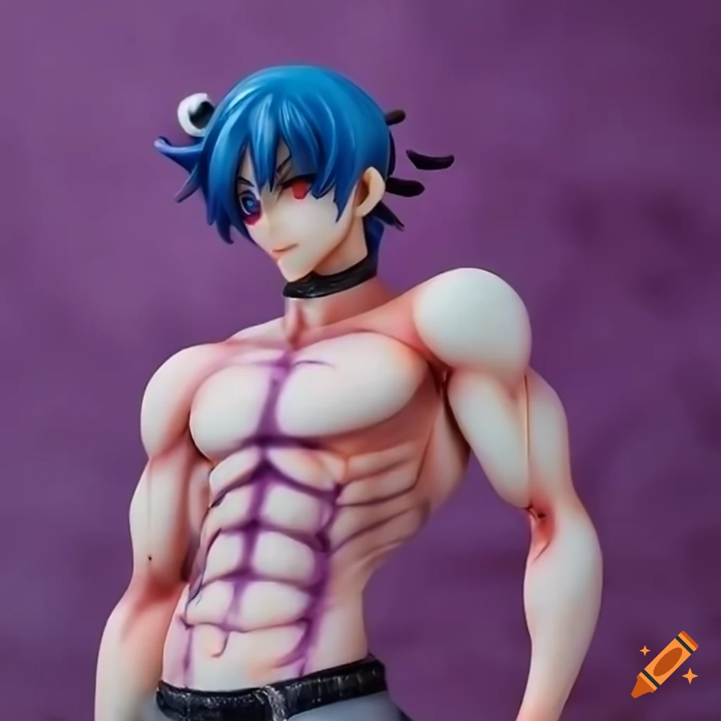 Anime figurine of a tall man with dark blue hair, horns, and bright scarlet eyes