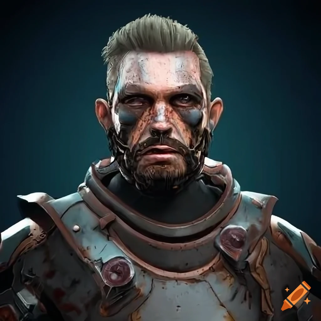 Battle-worn soldier with cybernetic enhancements