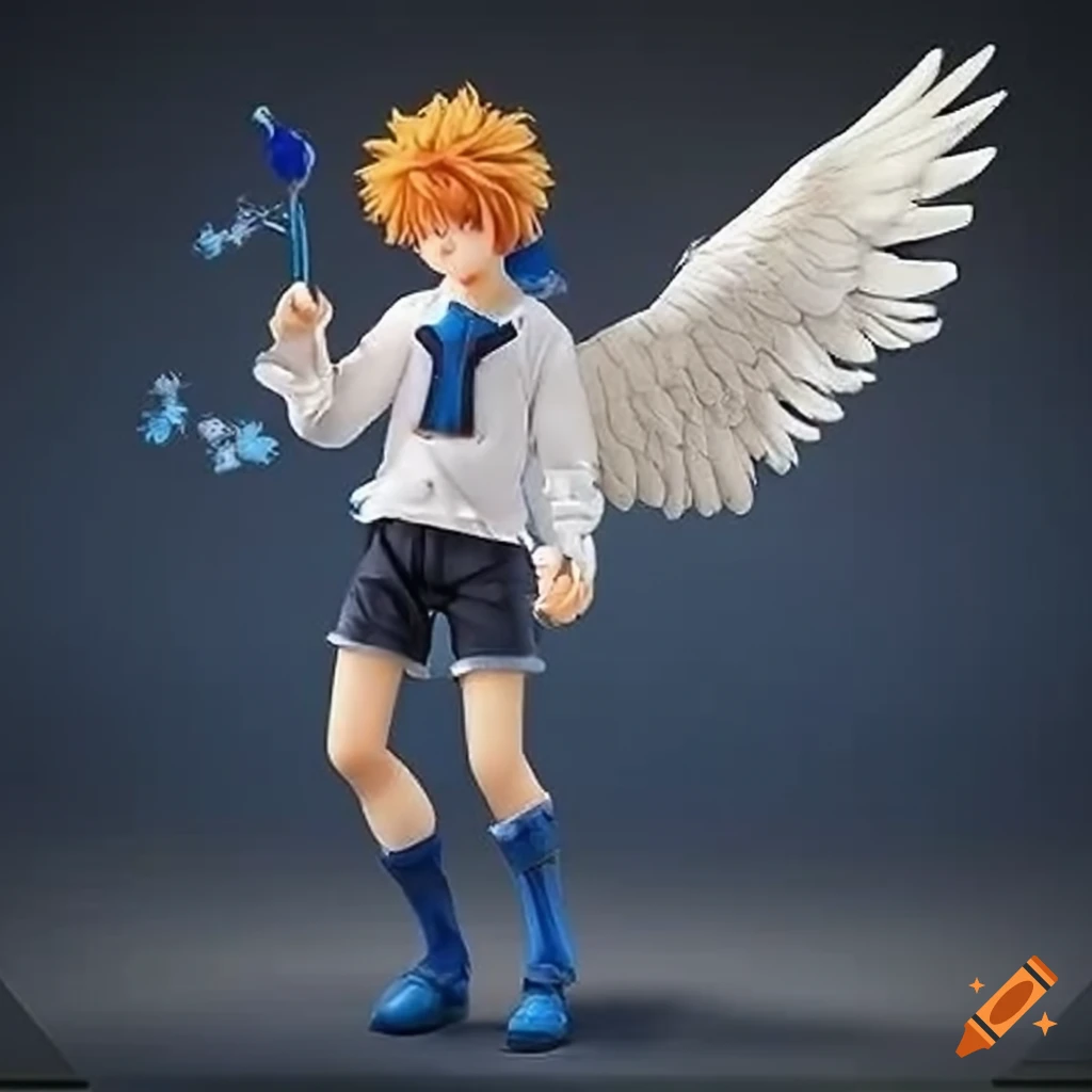 Anime action figure of an angel with orange curly hair, yellow eyes, white sweater, and blue shorts