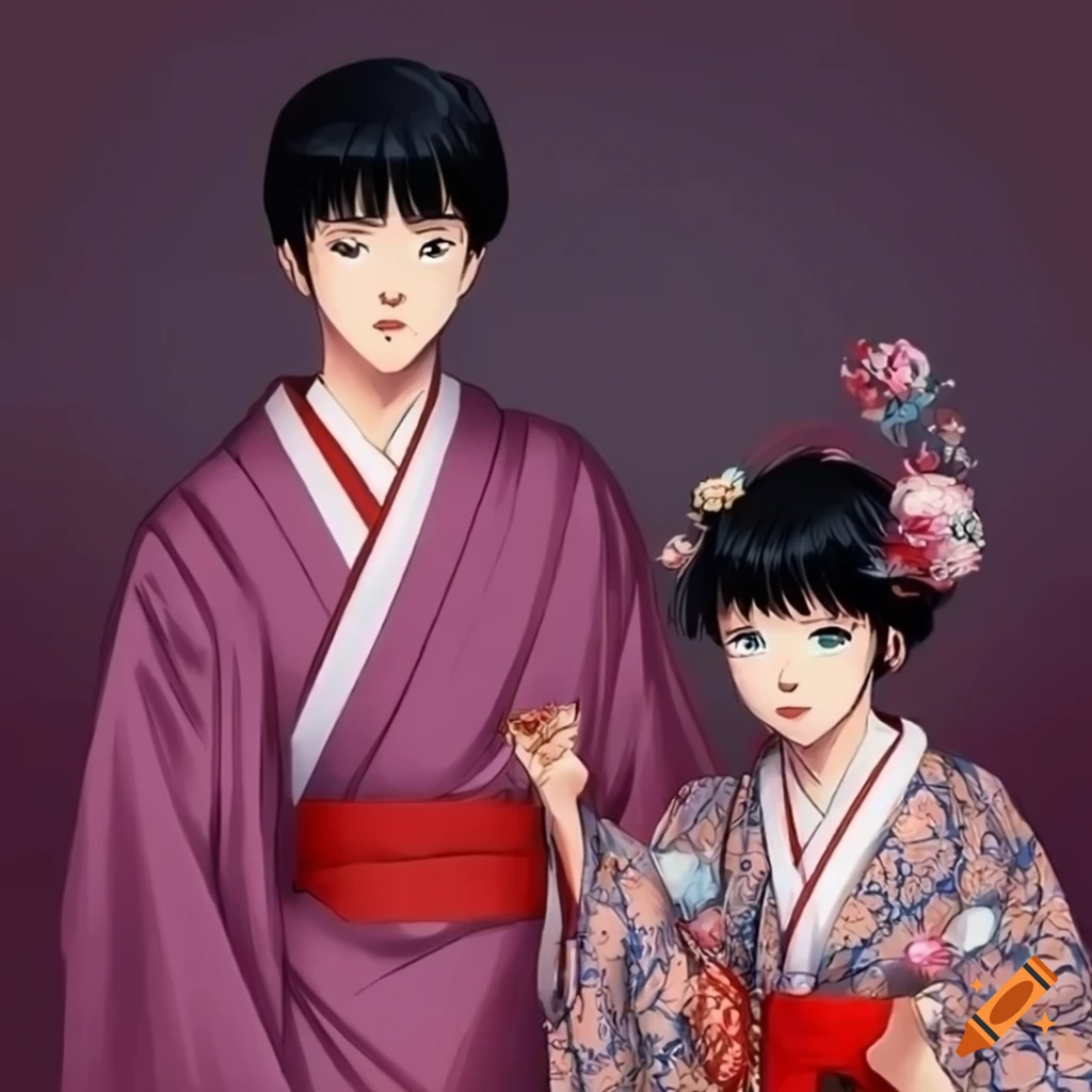 Elegant Japanese couple in traditional attire with serene background in 1989 anime style