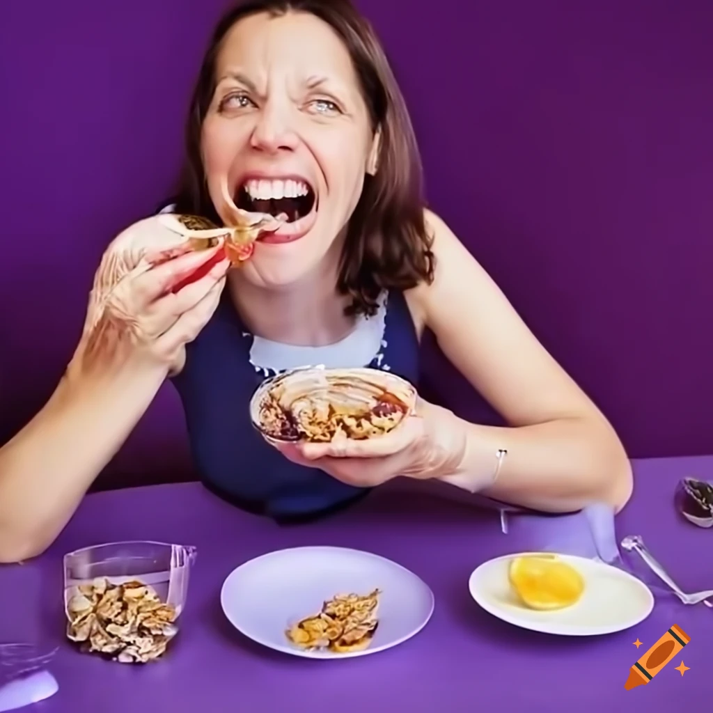 Woman enjoying muesli breakfast in a purple room on Craiyon
