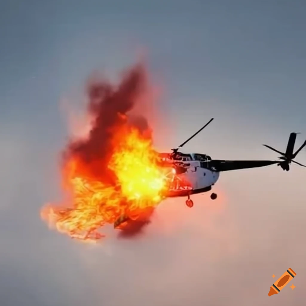 White helicopter engulfed in flames