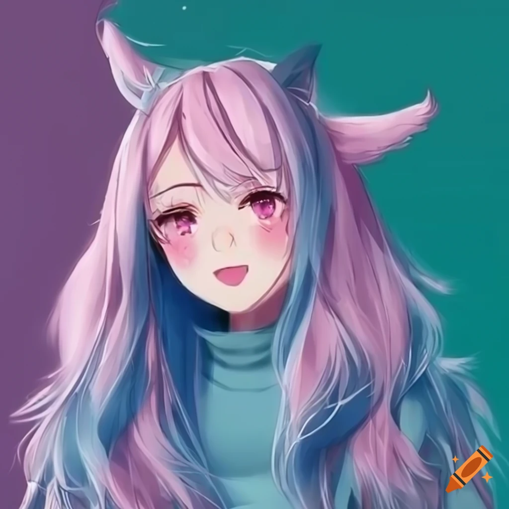 Cute anime furry goat girl with pink eyes and blue horns