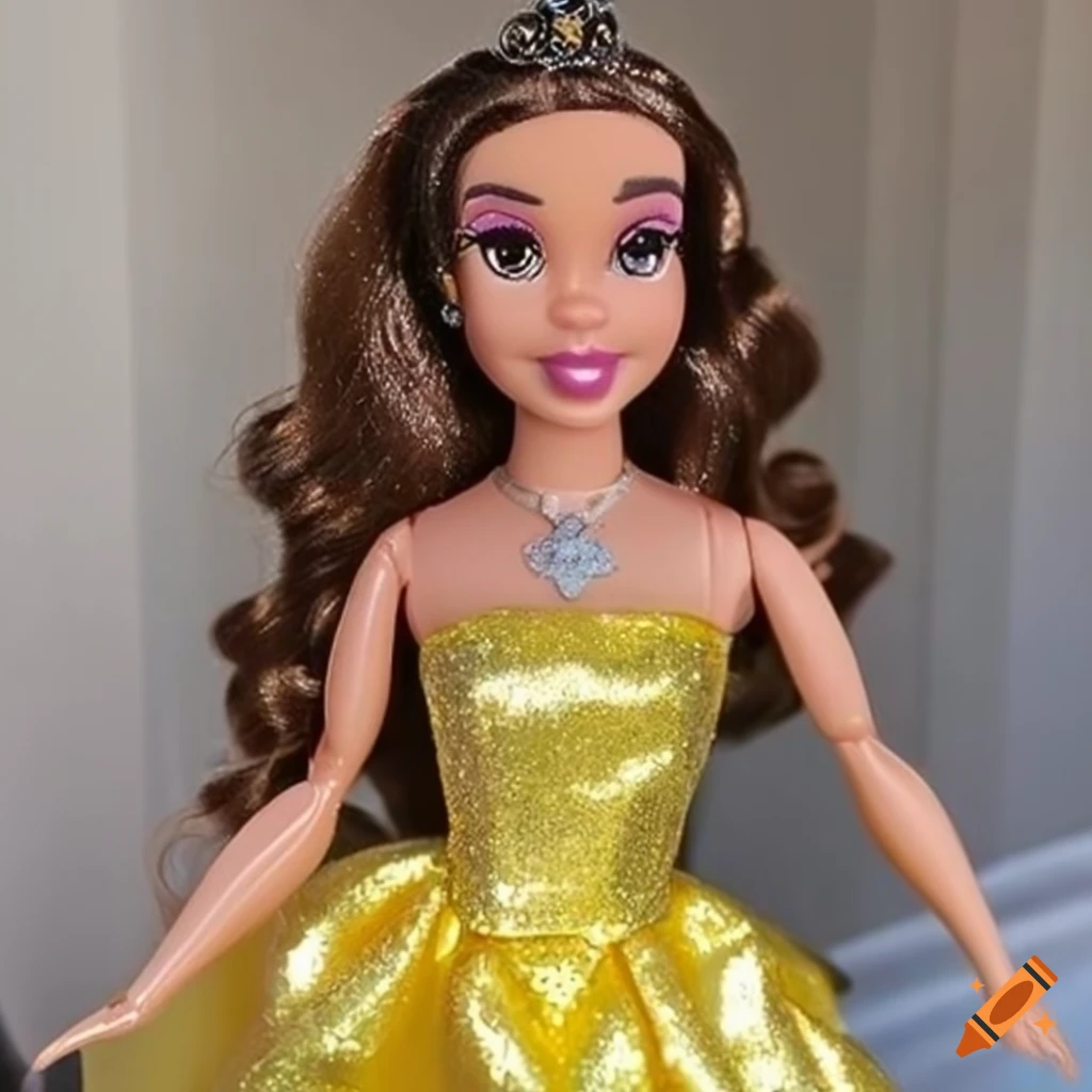 Princess Belle baddie doll in glittery yellow dress with perfect brown hair