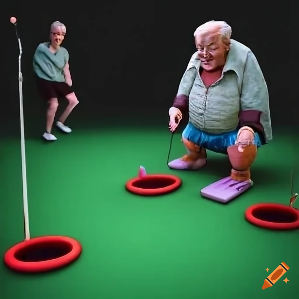 Two elderly men playing mini-golf