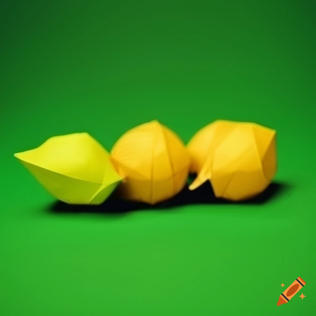 Origami lemon on high poly design with green wood background