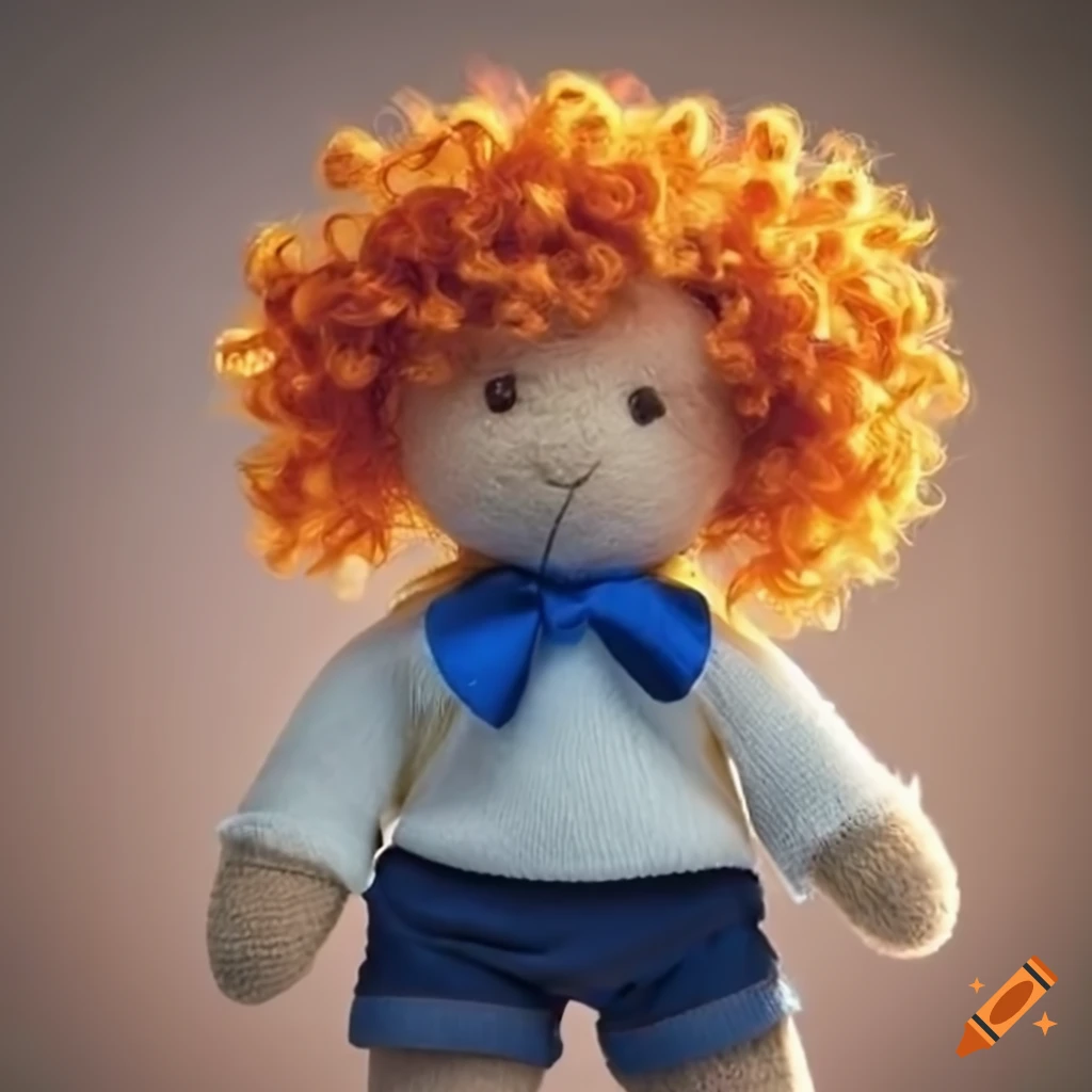 Plush toy angel with bright orange hair and yellow eyes in a white sweater